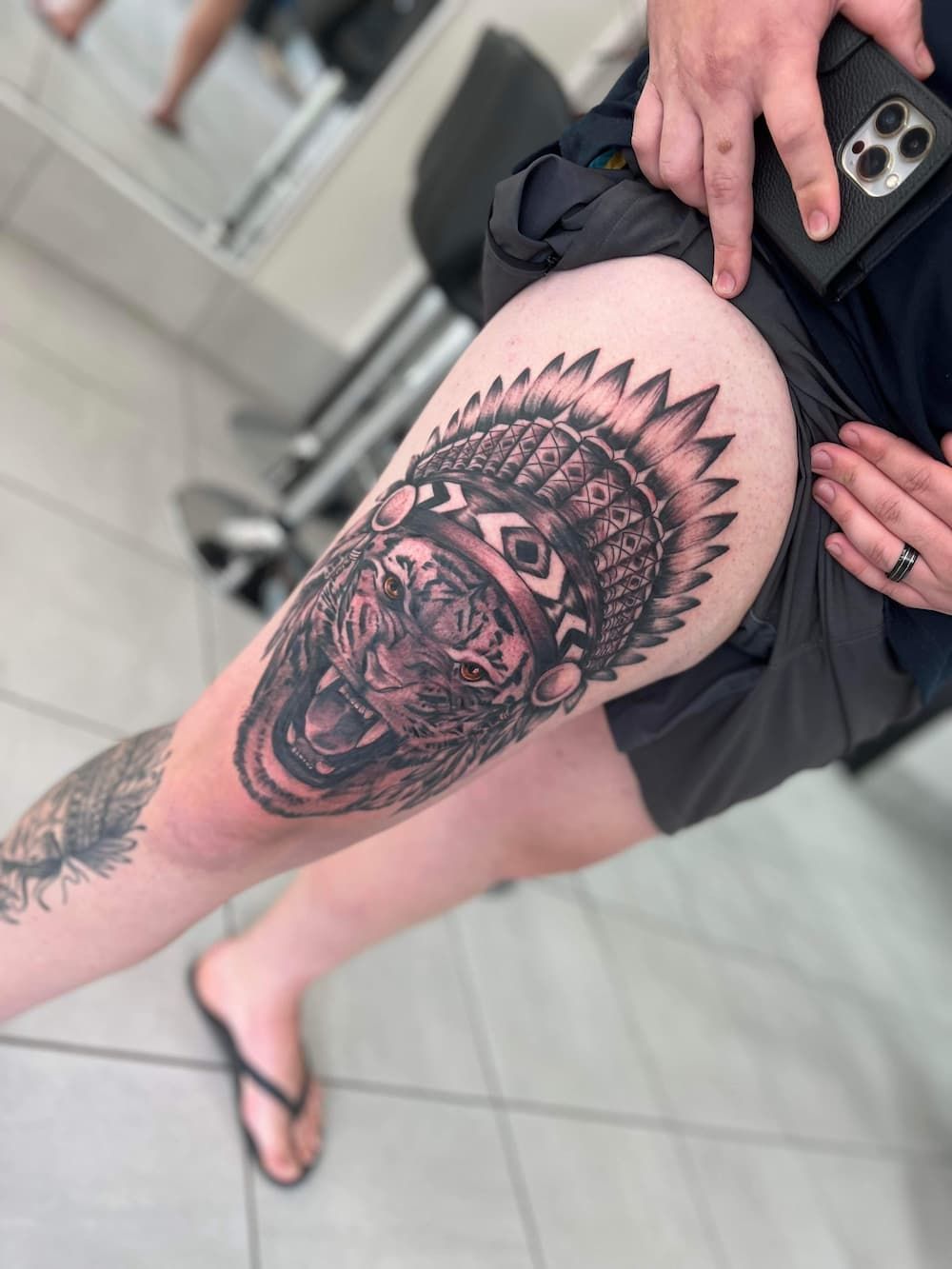 a person has a tattoo of a tiger on their leg - Tattoo Studio in Kawana, QLD