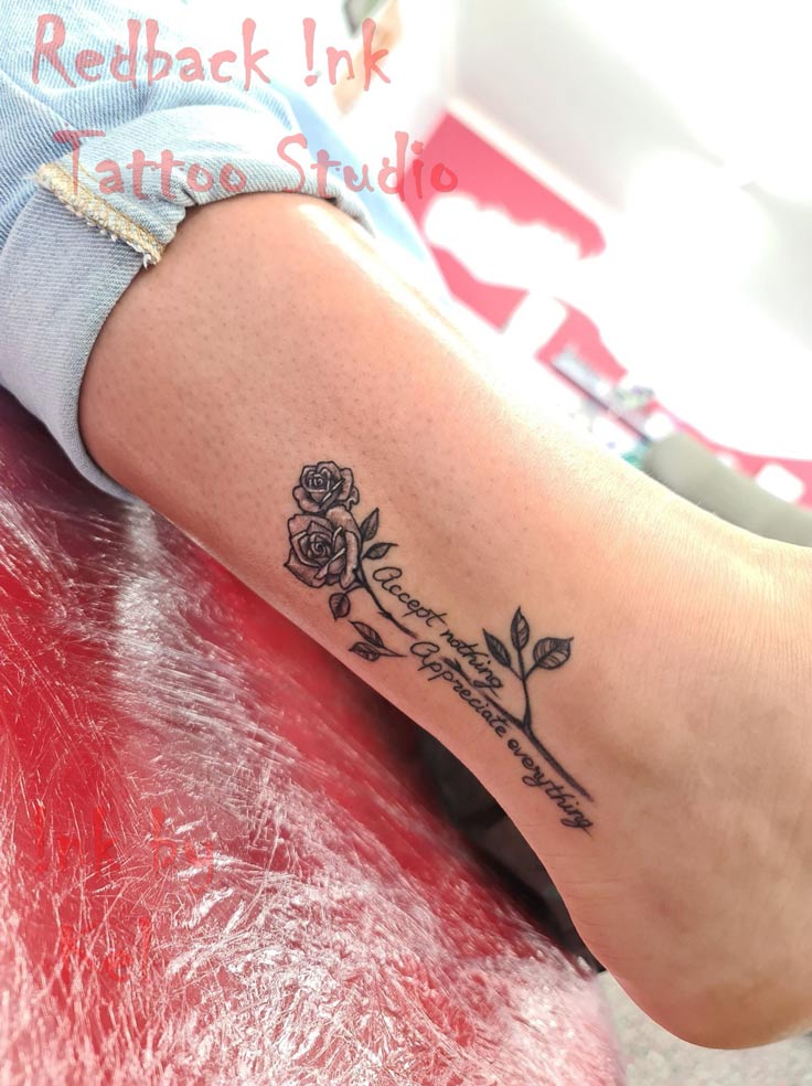 Redback Ink Accept Nothing Appreciate Everything Leg Flower Tattoo - Tattoo Studio in Kawana, QLD