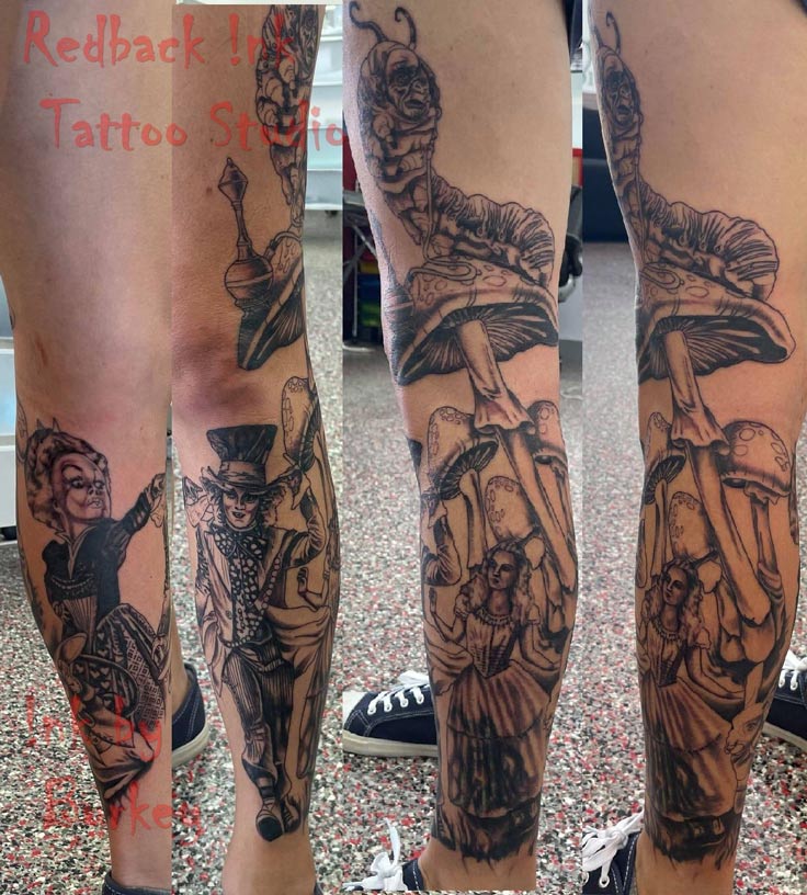 Alice in Wonderland Leg Sleeve - Tattoo Studio in Kawana, QLD