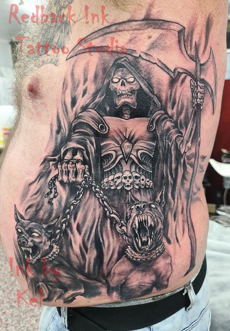 Redback Ink Grim Reaper With Two Dogs Tattoo - Tattoo Studio in Kawana, QLD