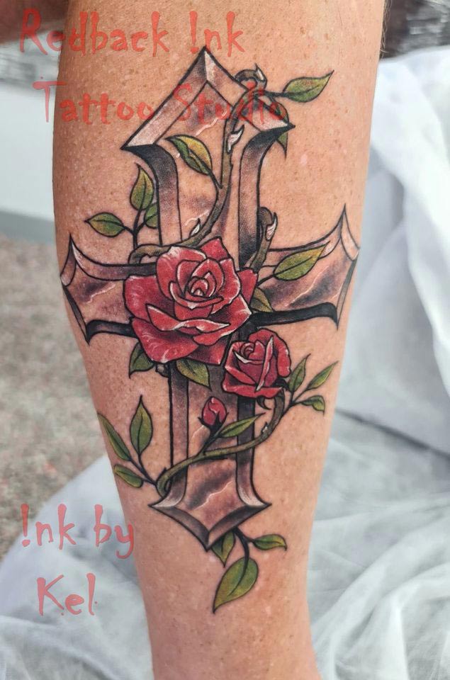 Redback Ink Cross Sign And Flowers Tattoo - Tattoo Studio in Kawana, QLD