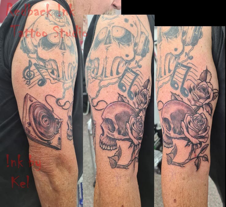 Redback Ink Skull With Flower Tattoo On The Shoulder - Tattoo Studio in Kawana, QLD