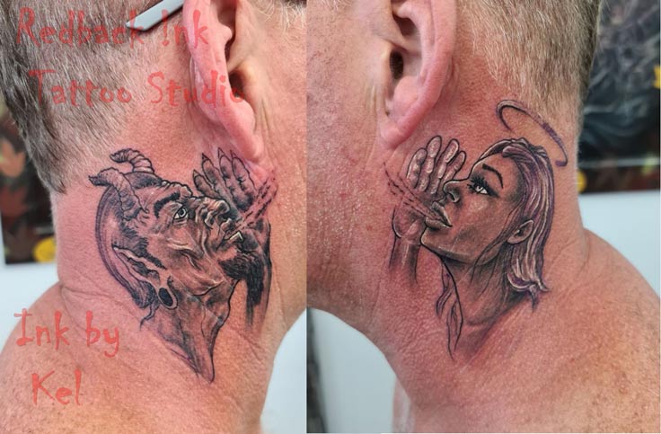 Redback Ink Beast And Woman Neck Tattoo - Tattoo Studio in Kawana, QLD