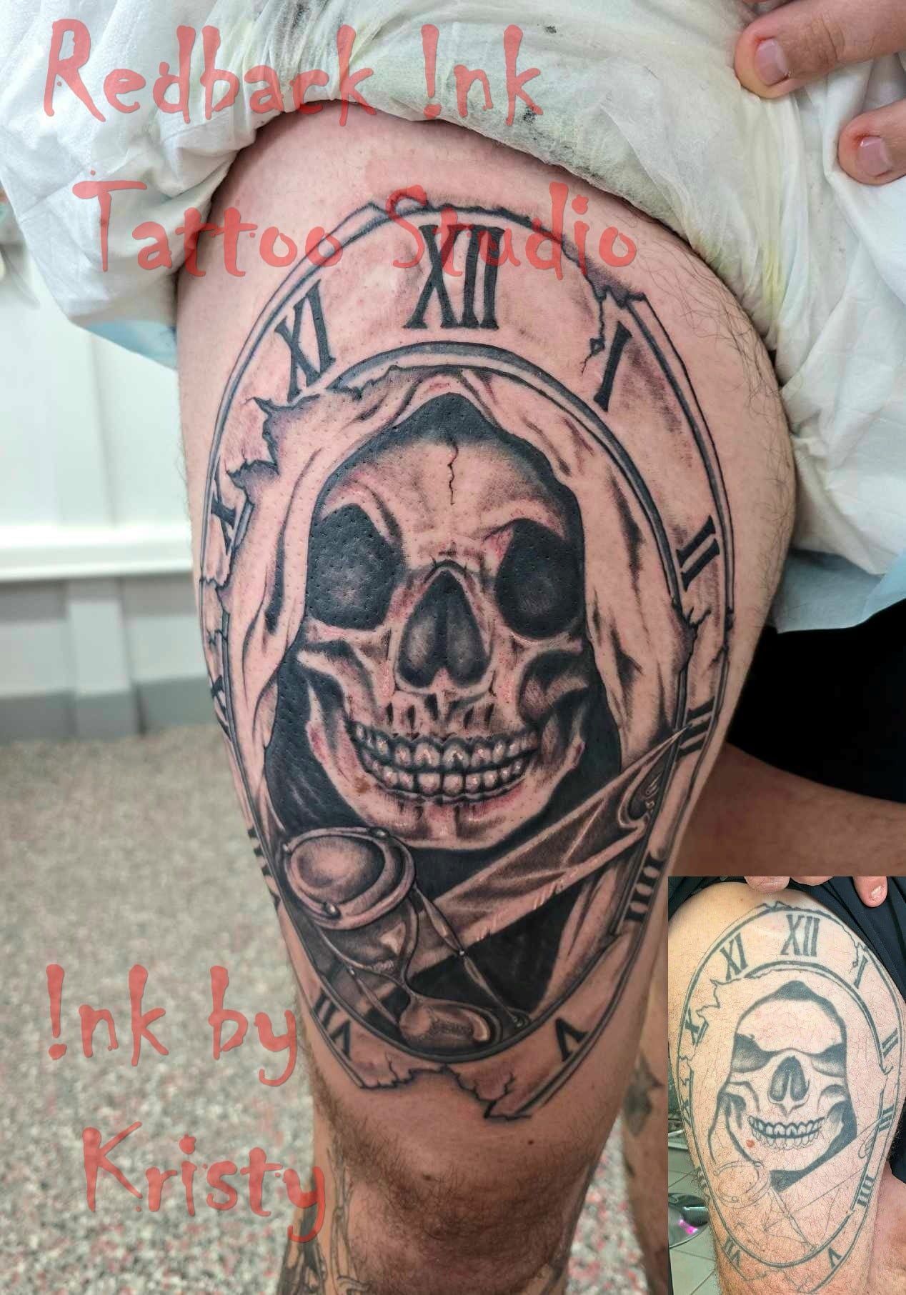 Thigh Scull Tattoo  - Redback Ink Tattoo Studio in Kawana, QLD
