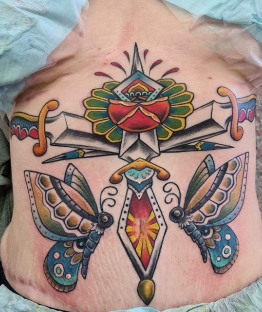 Three Daggers and Two Butterflies Retro Tattoo on Stomach - Tattoo Studio in Kawana, QLD