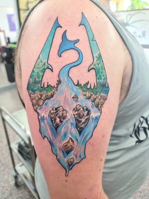 Colourful Dragon Shaped Waterfall Tattoo - Tattoo Studio in Kawana, QLD