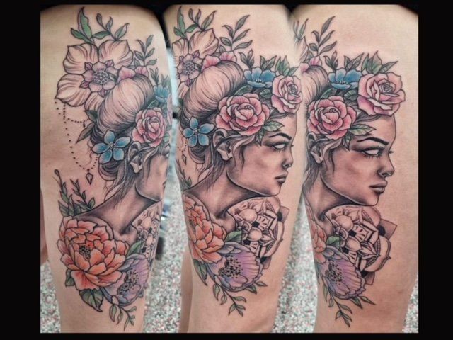 Colourful Portrait Tattoo on Leg - Tattoo Studio in Kawana, QLD