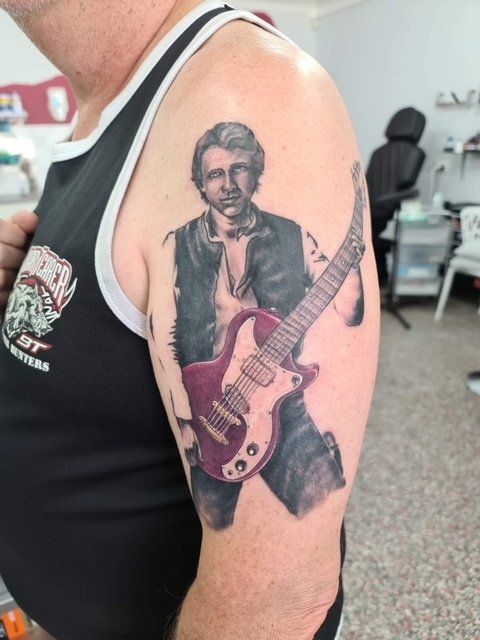 Guitarist Portrait Tattoo on Arm - Tattoo Studio in Kawana, QLD
