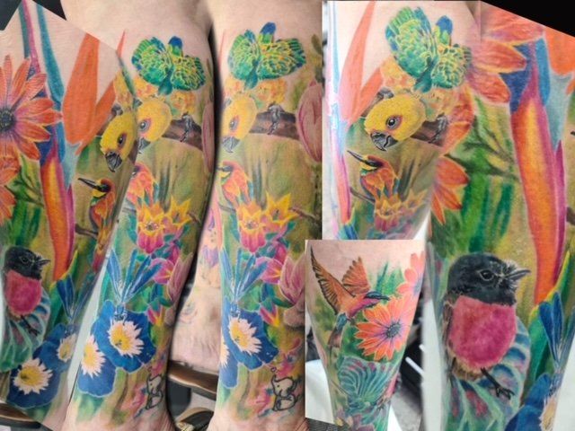 Colourful Tattoo of Birds and Flowers - Tattoo Studio in Kawana, QLD