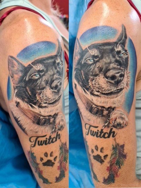 Dog Named Twitch Portrait Tattoo - Tattoo Studio in Kawana, QLD