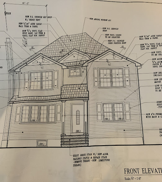 A drawing of the front elevation of a house