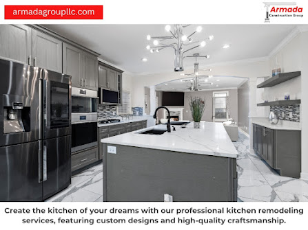 A kitchen with stainless steel appliances and a large island.