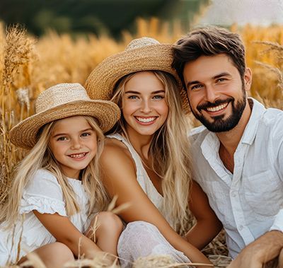 Family with straw hats smiles in a field of wheat.
