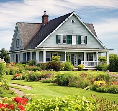 Light blue house with dark roof, green shutters, porch, and vibrant flower garden.