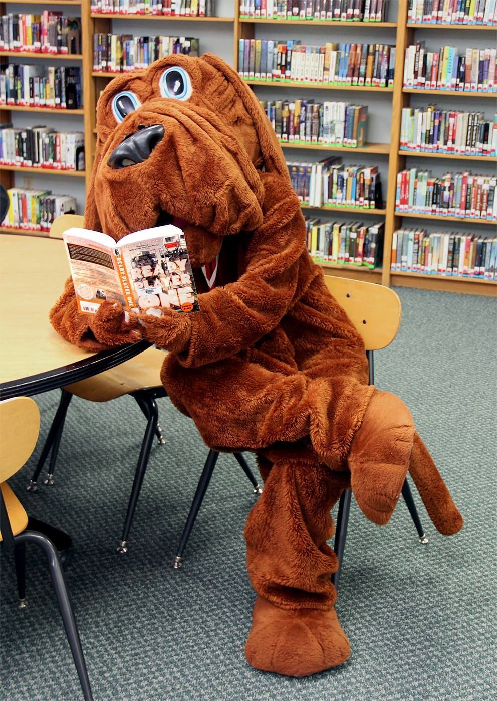 A dog mascot is reading a book in a library