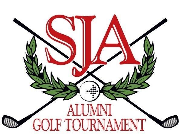 A logo for the alumni golf tournament with crossed golf clubs and a laurel wreath.