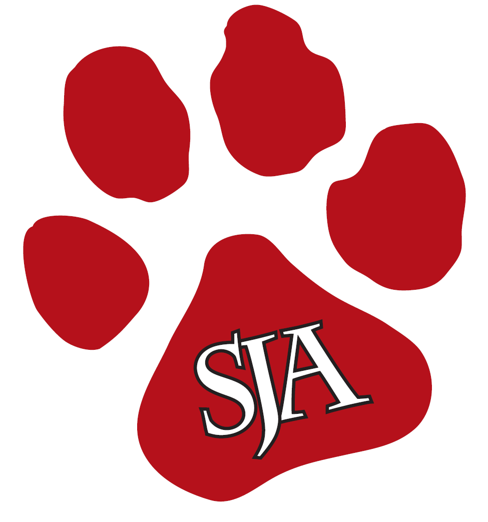 A red paw print that says sja on it
