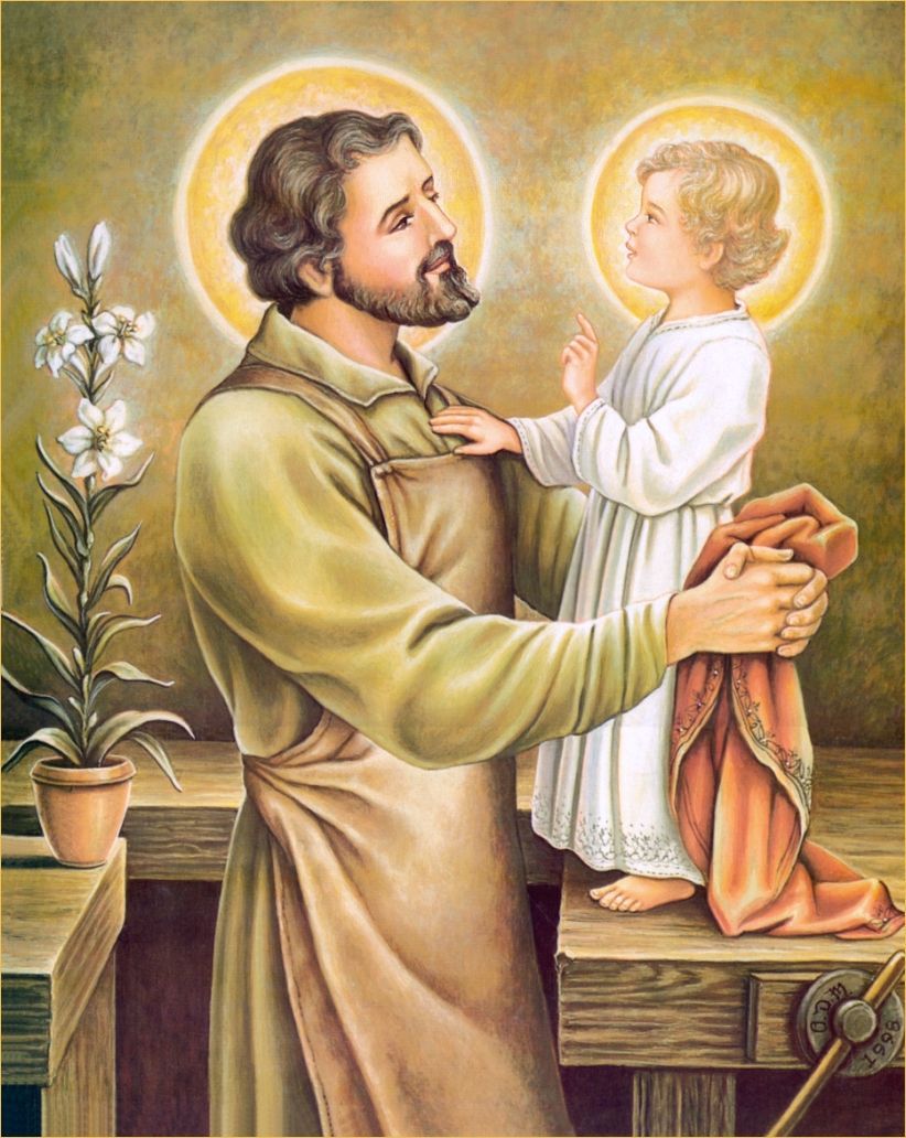 A painting of a man holding a small child