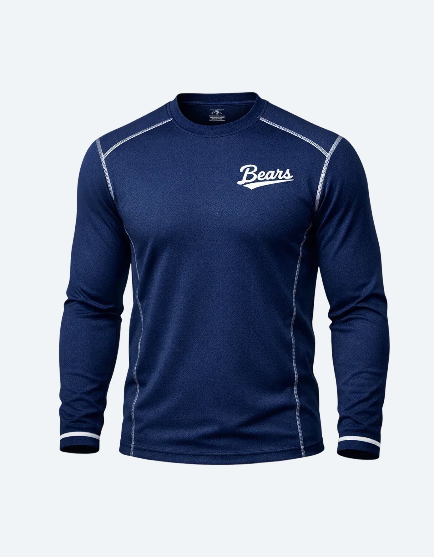 Navy blue long-sleeve athletic shirt with white trim and “Bears” logo on the chest
