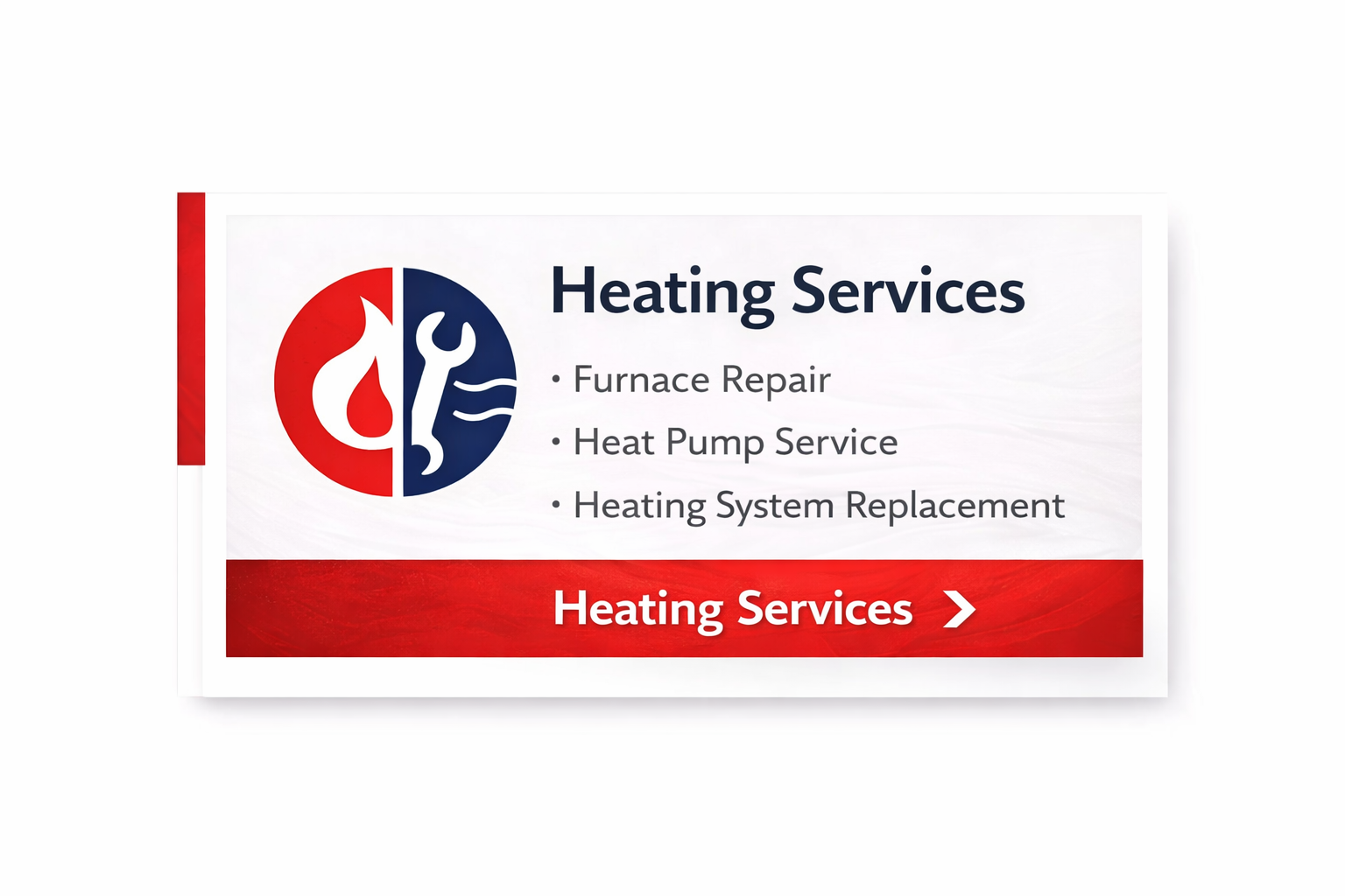 Heating Services advertisement showing a red flame and blue wrench logo, with bulleted services and a red call-to-action bar.