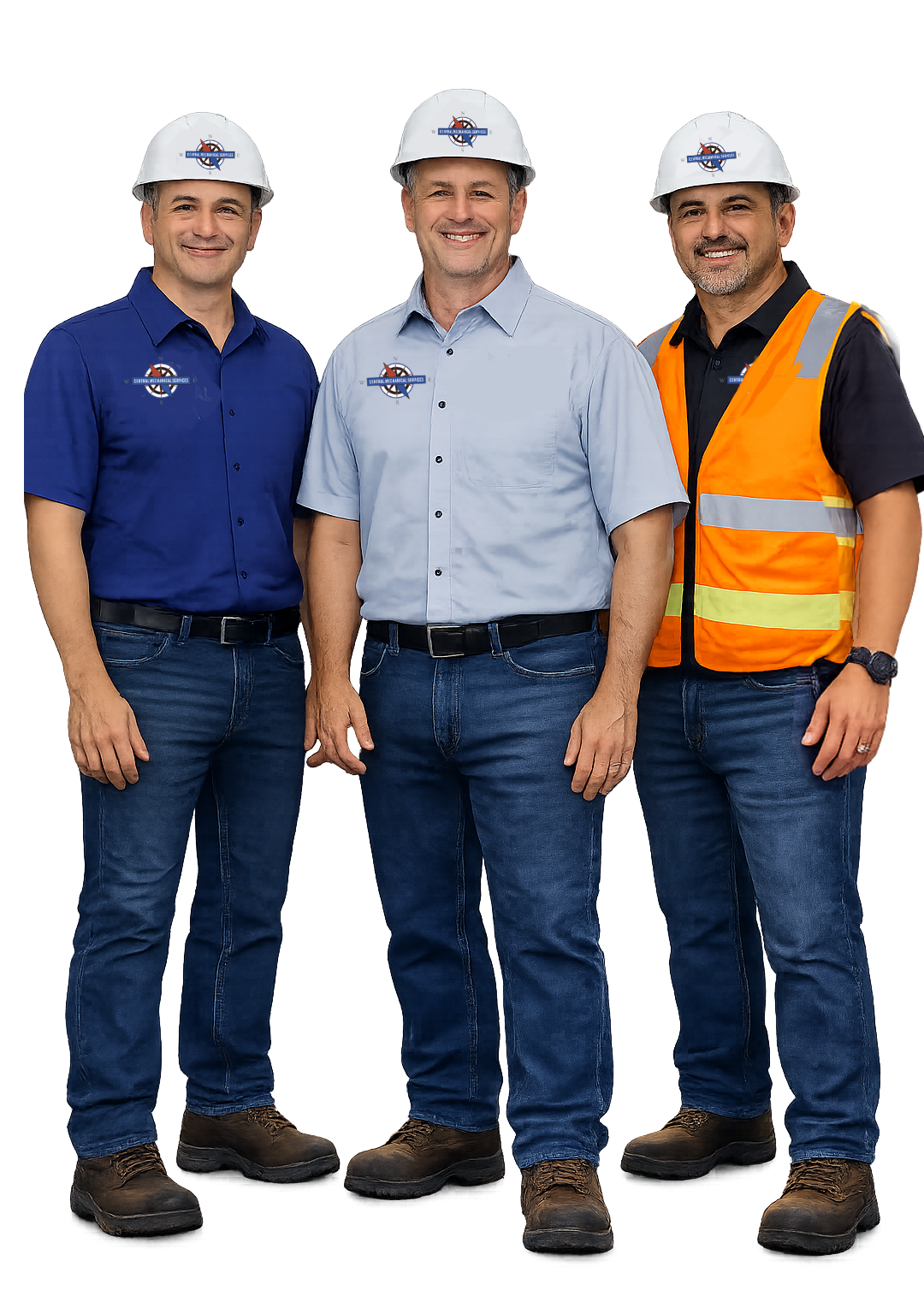 Three smiling professionals in hard hats and work attire stand together against a plain white background.