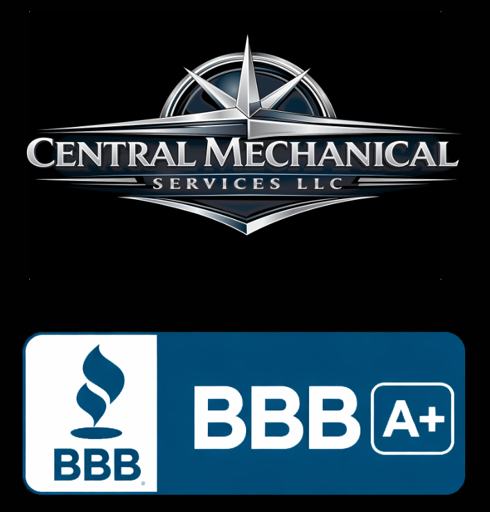 Logo for Central Mechanical Services featuring a compass rose with a blue horizontal banner over a black and red star.