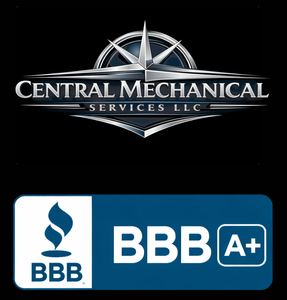Logo for Central Mechanical Services featuring a compass rose with a blue horizontal banner over a black and red star.