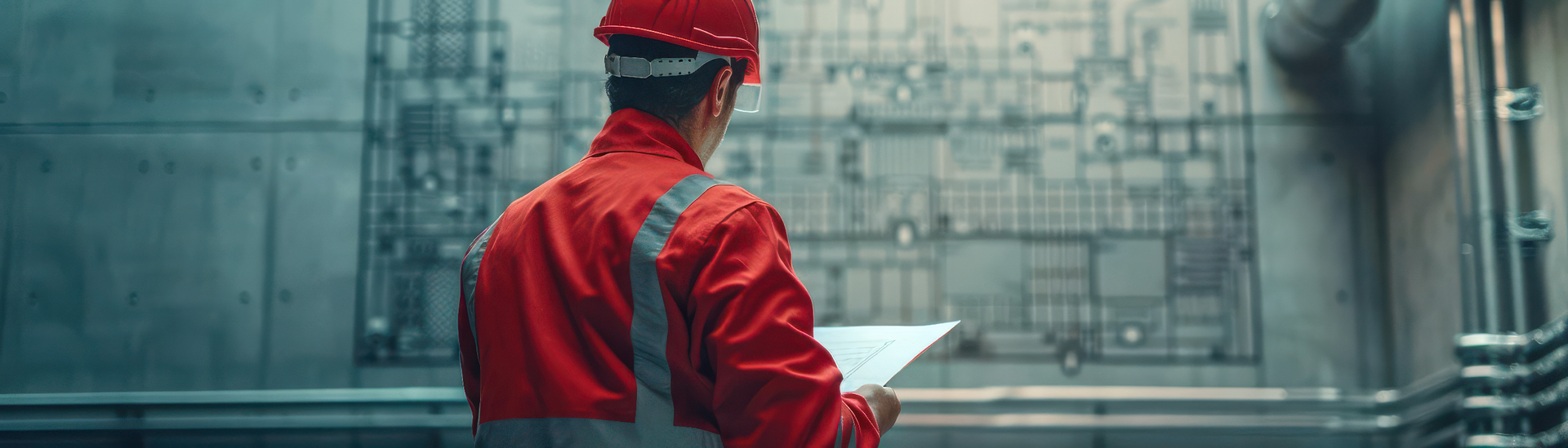 A person in a red uniform and hard hat holds a paper document while reviewing a large building plan on a concrete wall.