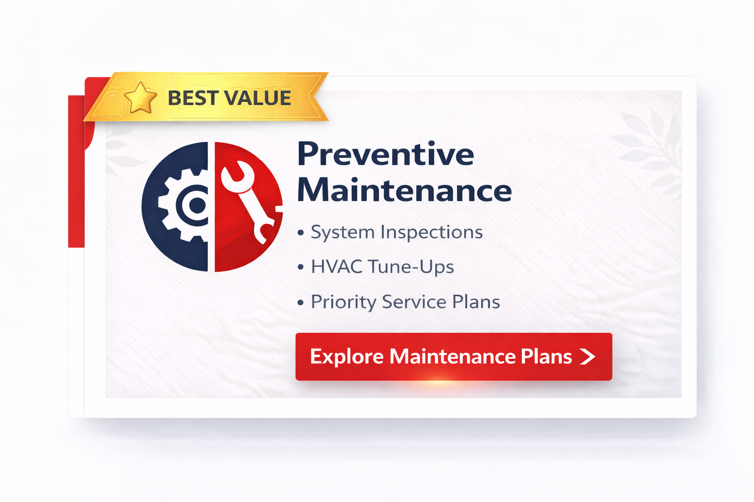 A promotional card for Preventive Maintenance featuring a gear and wrench icon, listing services and a call-to-action button.