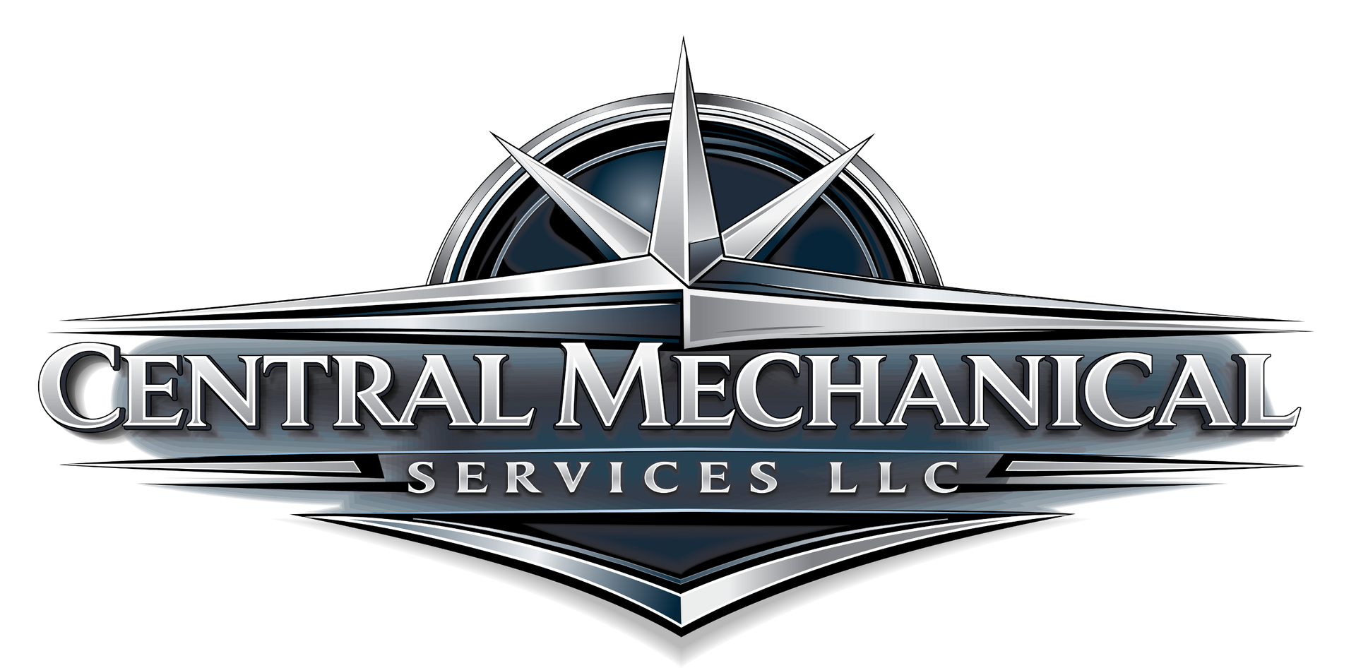 Logo for Central Mechanical Services featuring a compass rose with a blue horizontal banner over a black and red star.