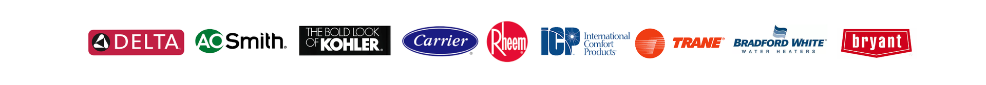 A horizontal row of various brand logos, including Delta, A. O. Smith, Kohler, Carrier, Rheem, ICP, and Bryant.