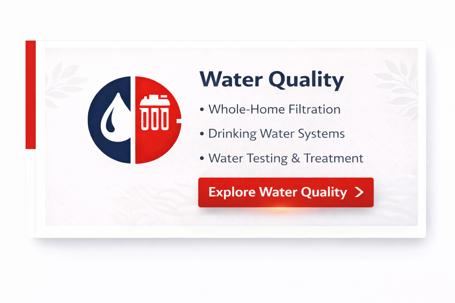 Water Quality service card featuring a circular icon, a list of filtration and testing services, and an exploration button.