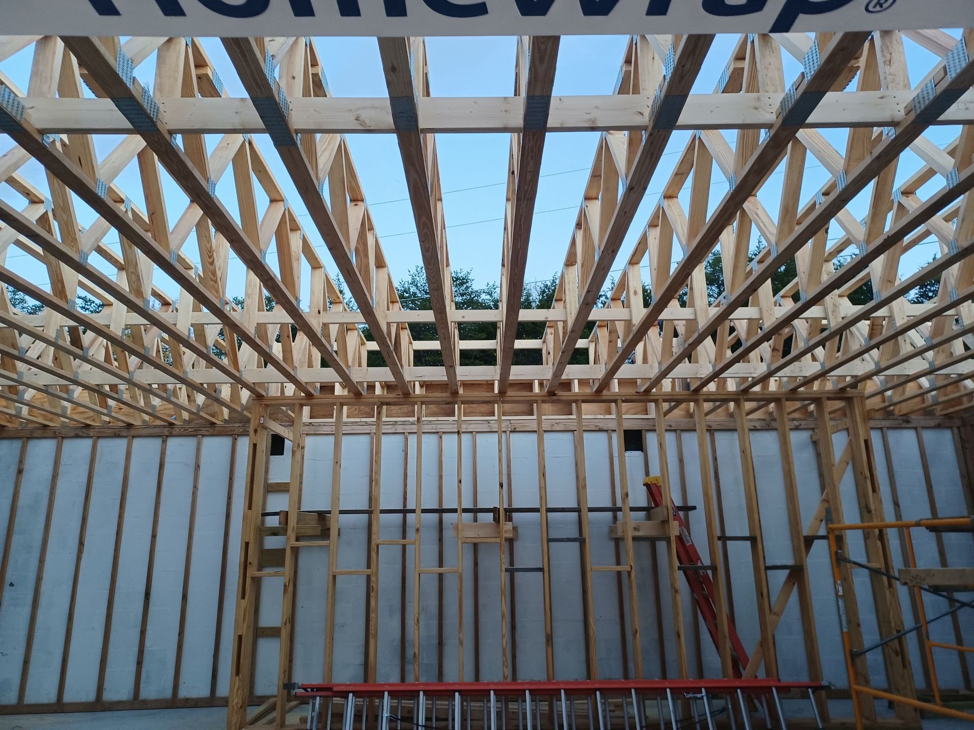 Looking up at the ceiling of a building under construction