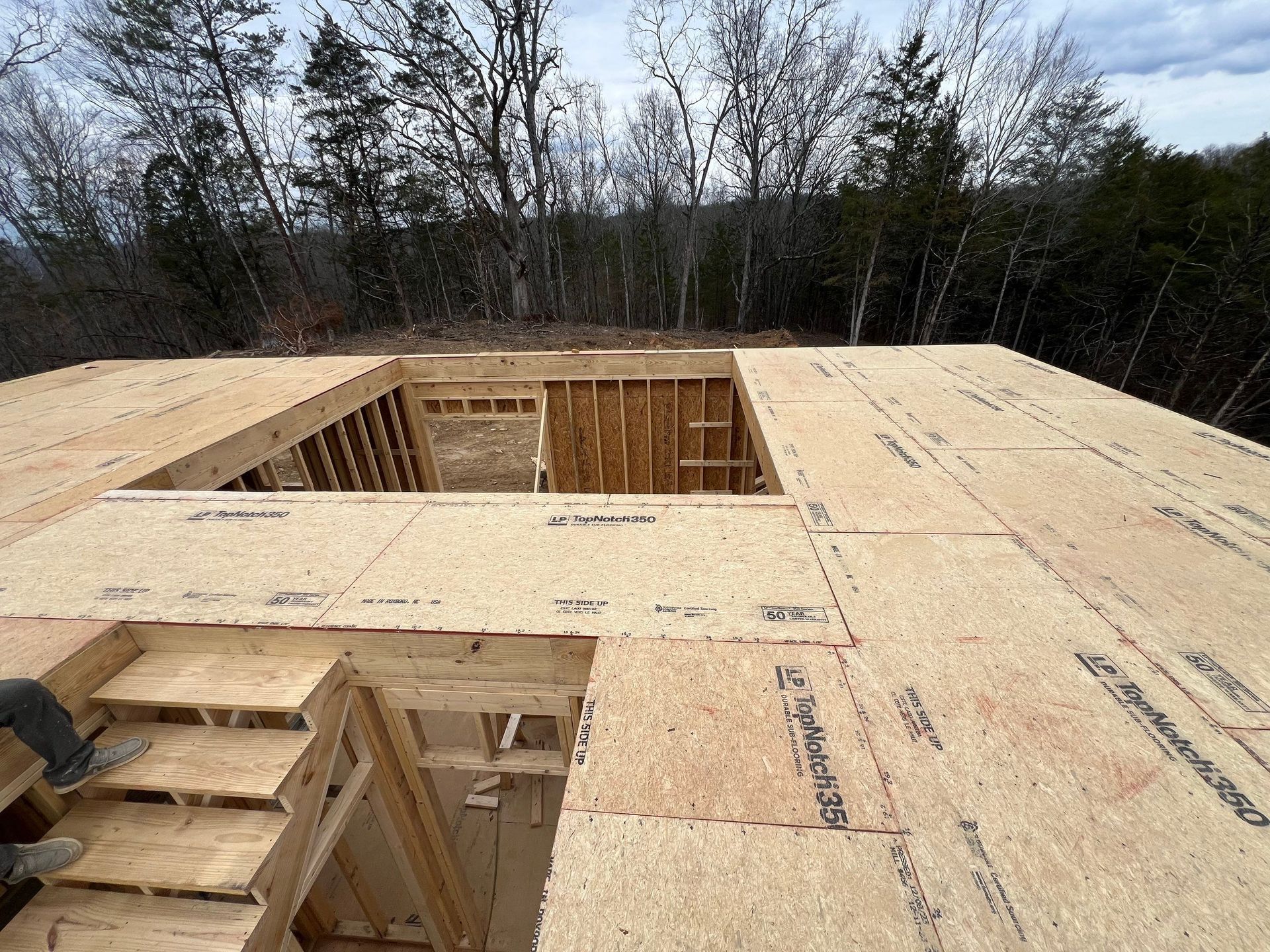 A house is being built in the middle of a forest.