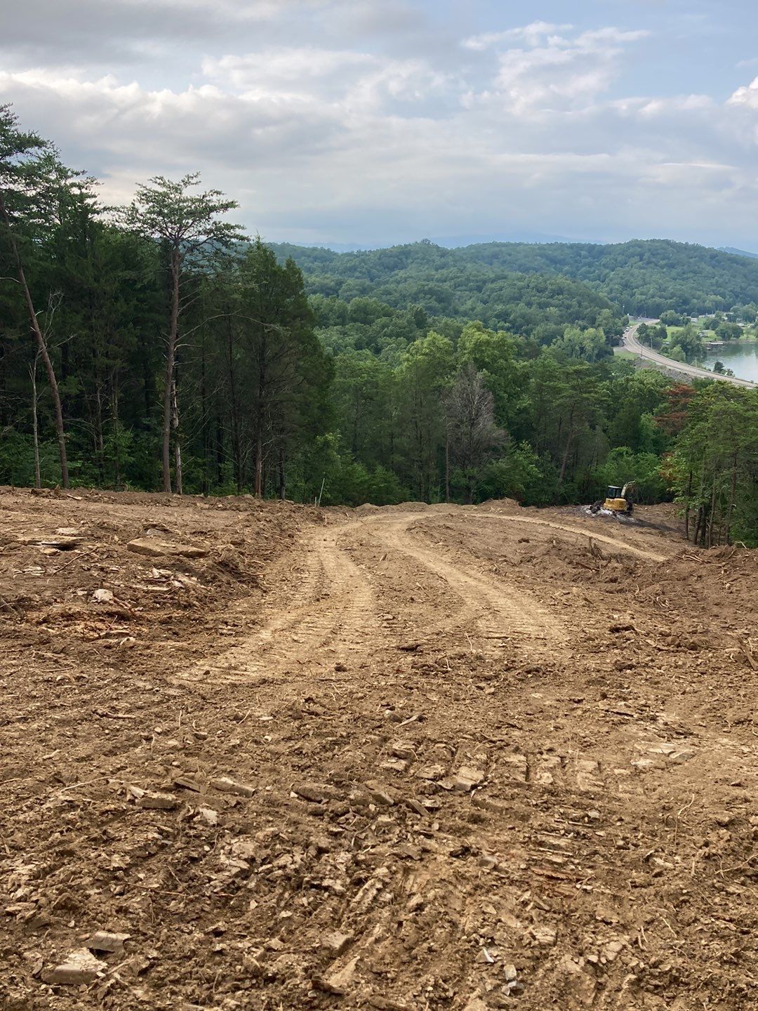 A dirt road going through a forest with a lake in the background.