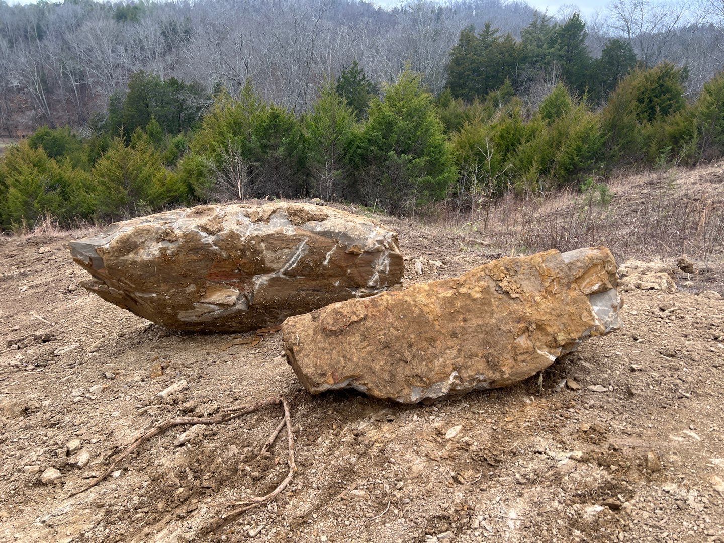 Two large rocks are sitting on top of a dirt field.