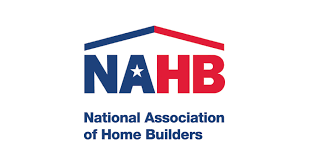The national association of home builders logo is red , white and blue.