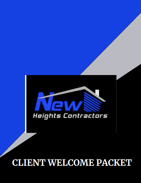 A blue and black logo for new heights contractors