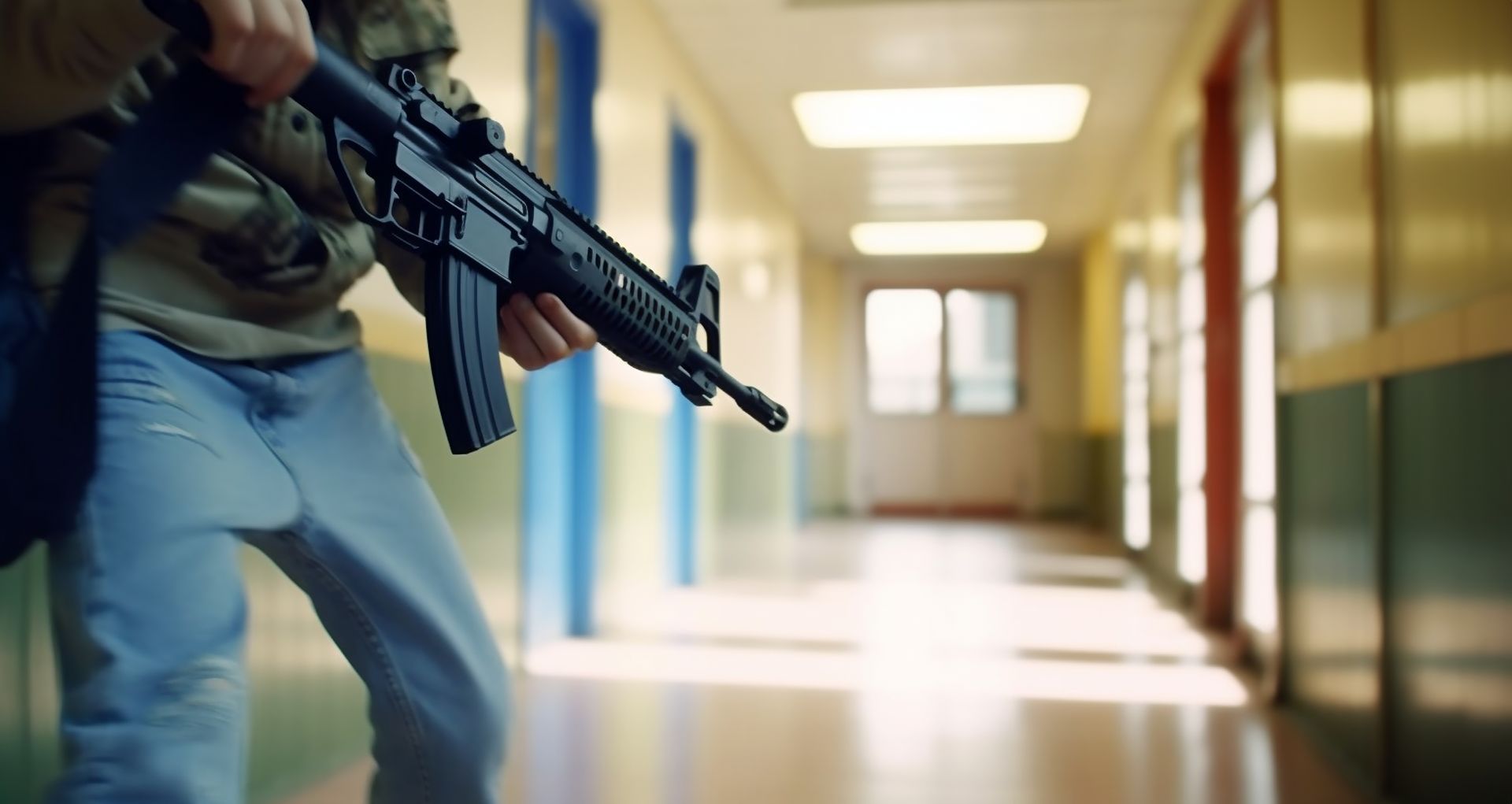 Person holding a rifle in a school hallway.