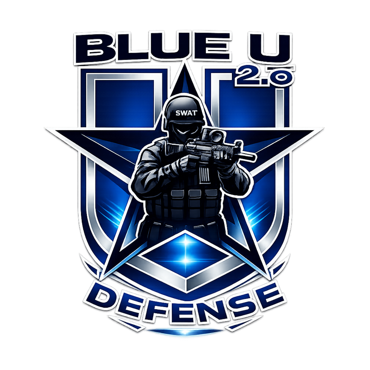 Blue Defense logo: silhouette of armed figure inside blue star shield, text 