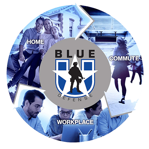 Blue Defense logo surrounded by images representing home, commute, and workplace.