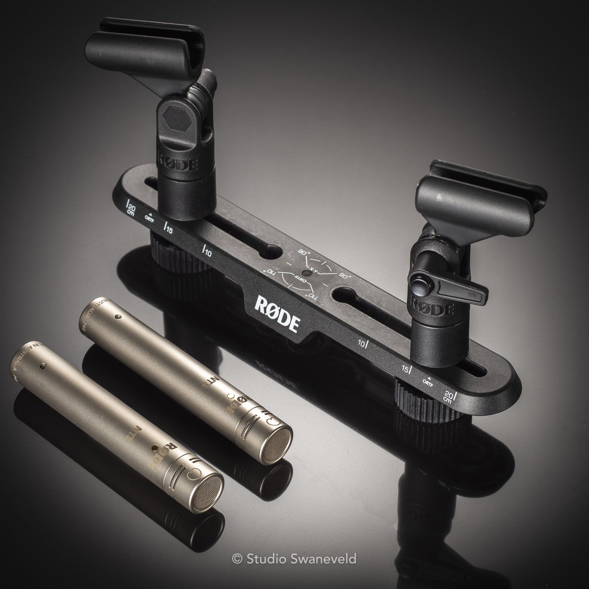 twee microfoons met een houder
