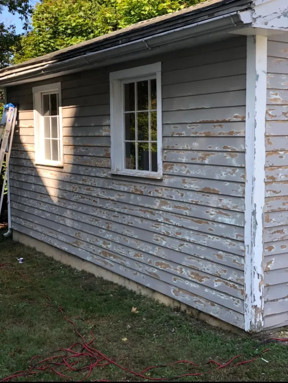 A house with a ladder on the side of it is being painted.