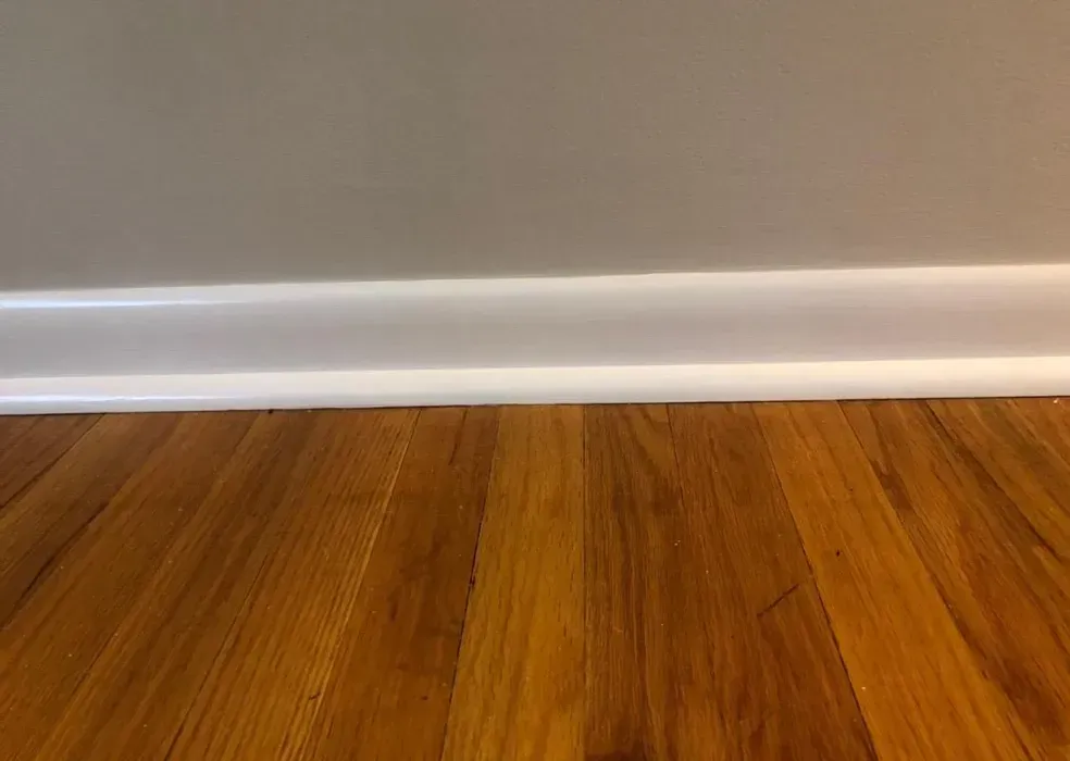 A wooden floor with a white molding and a white wall.