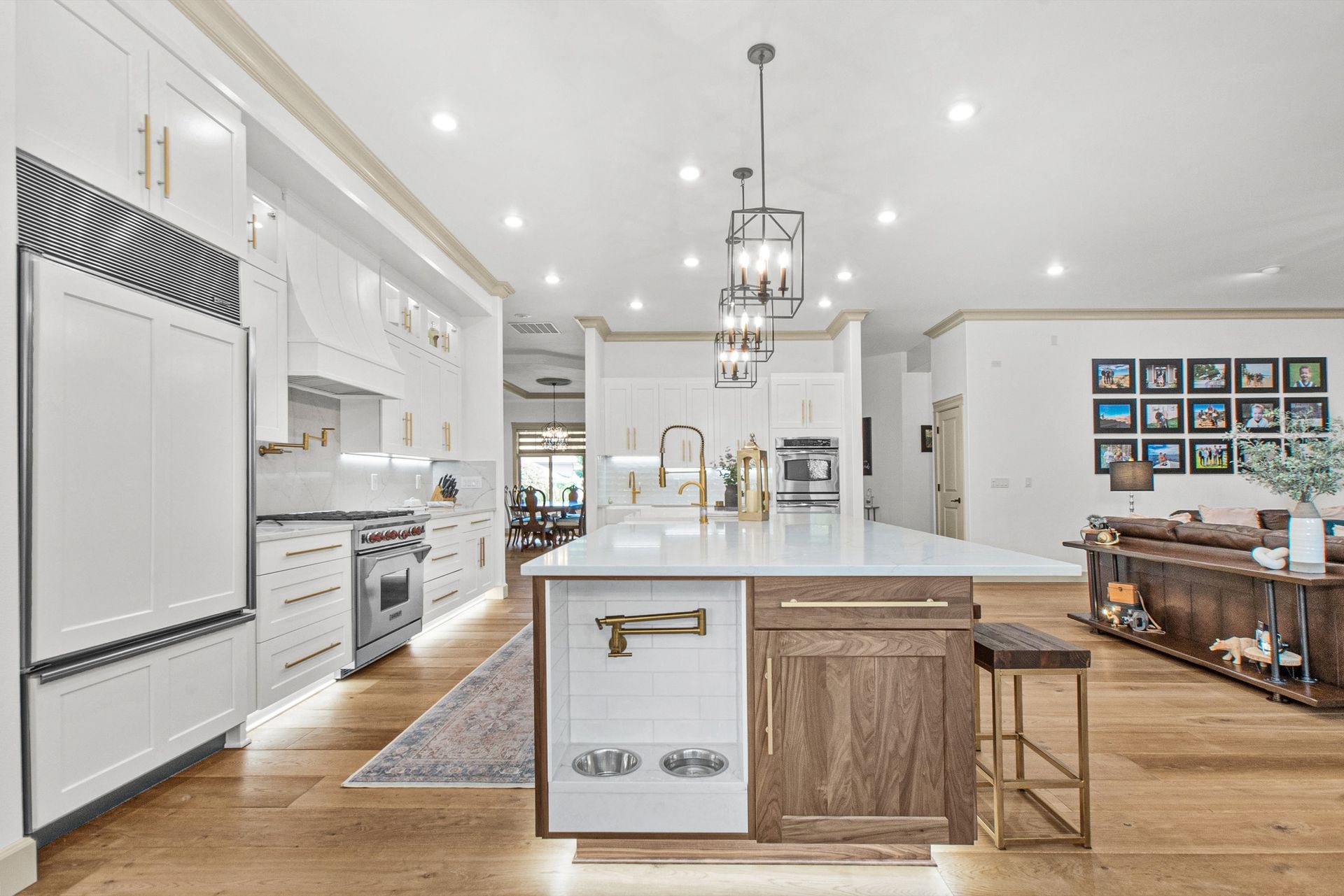 There is a large island in the middle of the kitchen.