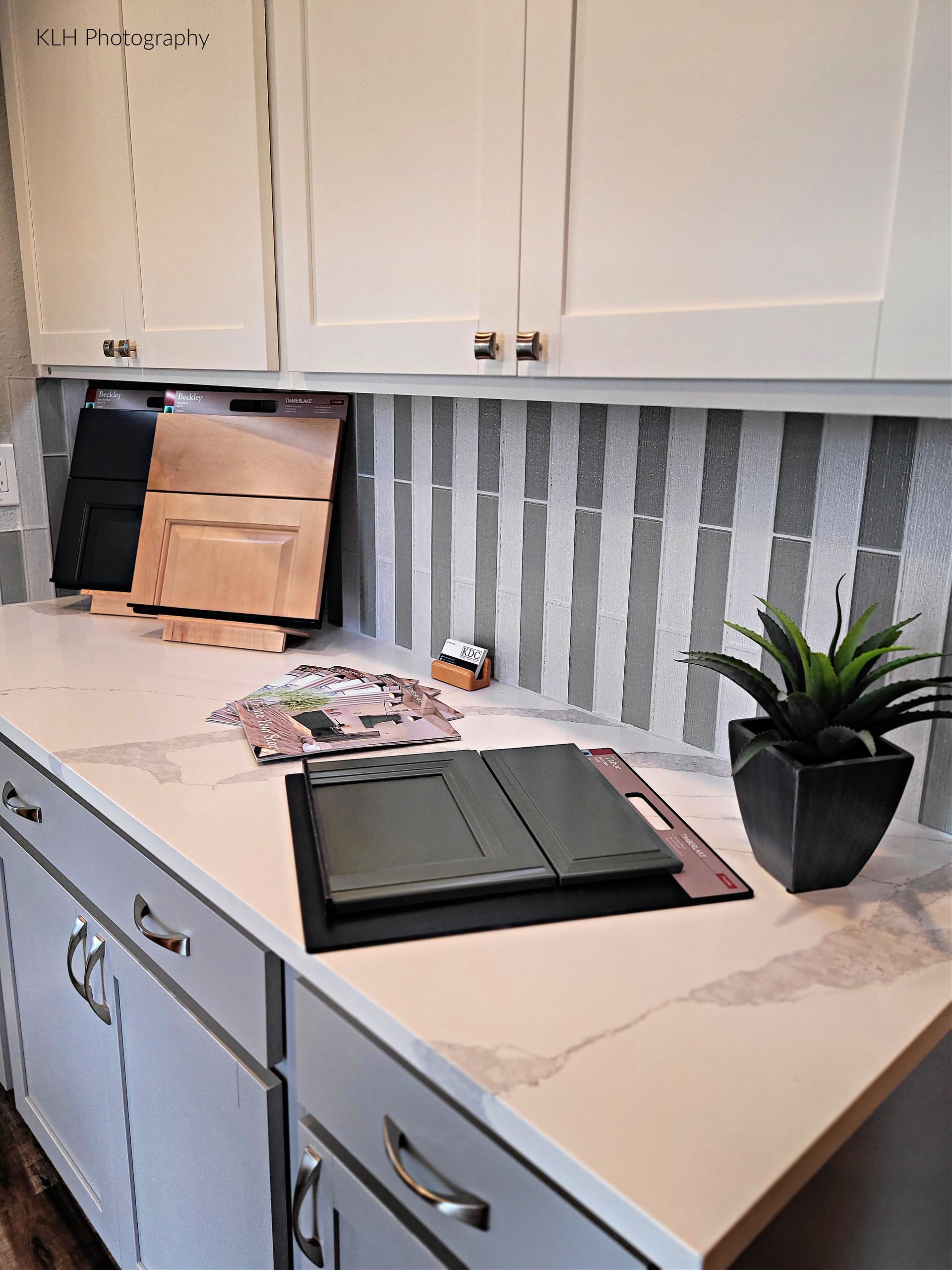 A kitchen counter with a laptop and a plant on it