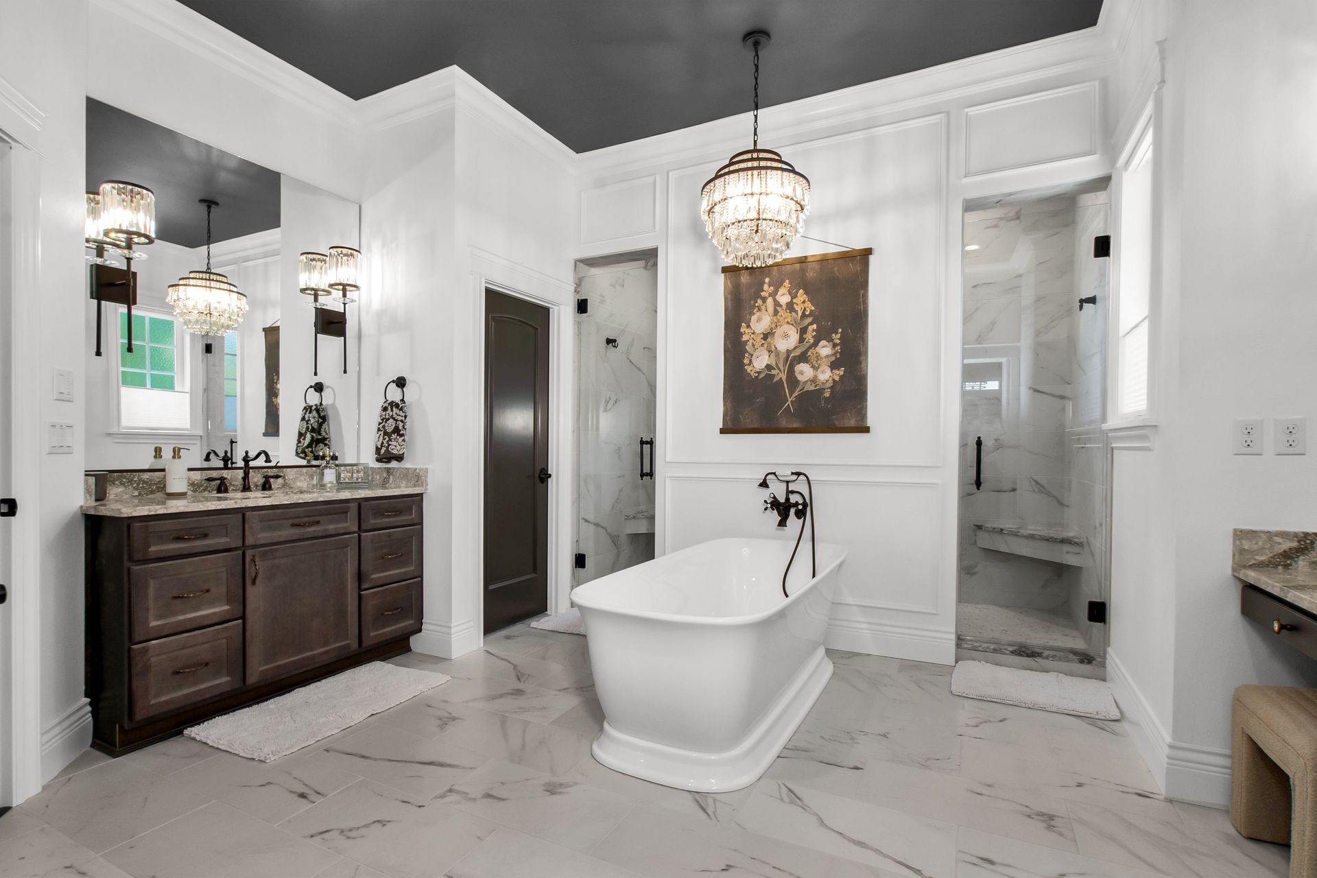 There is a bathtub in the middle of the bathroom.