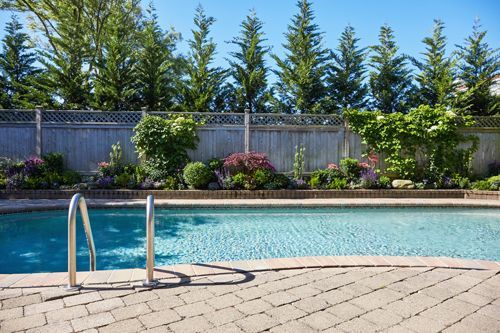 A clean backyard pool surrounded by a well-maintained garden with clear blue water.