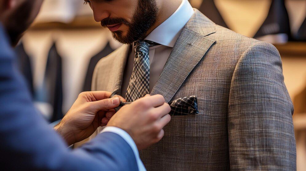 tailor fixing a man's collar