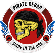 Pirate Rebar logo: yellow skull with black bandana inside a red circle, flanked by blue and red wings